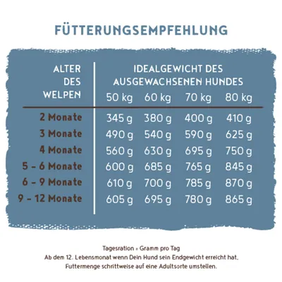 Fütterungsempfehlung für Welpen nach Alter und Idealgewicht des ausgewachsenen Hundes, Tagesration in Gramm pro Tag von 2 bis 12 Monate für 50-80 kg Endgewicht. Fütterungsempfehlung für Welpen nach Alter und Idealgewicht des ausgewachsenen Hundes, Tagesration in Gramm pro Tag von 2 bis 12 Monate für 50-80 kg Endgewicht.
