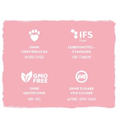 Ohne Tierversuche #crueltyfree, IFS Food Lebensmittel-Standard, ohne Gentechnik GMO-free, ohne Zugabe von Zucker without added sugar. Ohne Tierversuche #crueltyfree, IFS Food Lebensmittel-Standard, ohne Gentechnik GMO-free, ohne Zugabe von Zucker without added sugar.