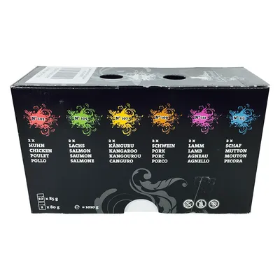 Zestaw 12 x 85 g i 2 x 80 g: 2x kurczak, 2x łosoś, 2x kangur, 2x wieprzowina, 2x jagnięcina, 2x baranina. Opisy w kilku językach, masa netto 1010 g.