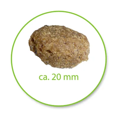 Nahaufnahme eines braunen Futterstücks mit der Grösse ca. 20 mm, dargestellt in einem grünen Kreis.