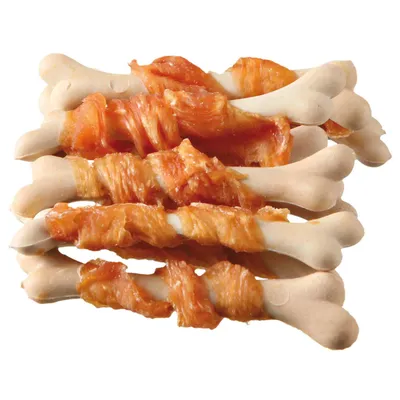 Rágócsont csirkemellel bevonva, alkalmas snacknek vagy jutalomnak háziállatok számára.