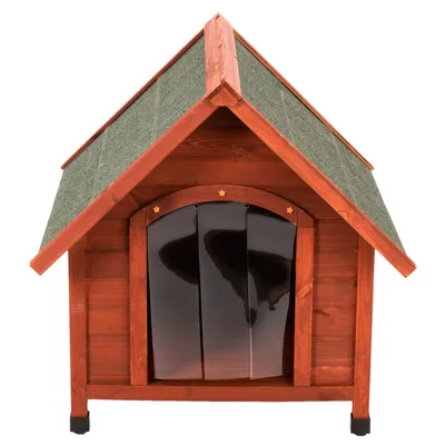 Caseta de madera para perros con techo a dos aguas verde y puerta abatible de plástico negro, vista frontal.