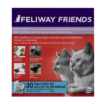 Feliway Friends 30 napos kezdőcsomag, párologtató és 48 ml flakon. Látható: két macska, termékkép, német és francia leírás, Ceva márka.