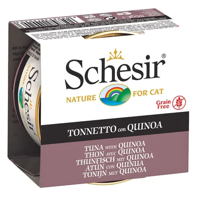 Schesir Nature for Cat, Grain Free, Tonnetto con Quinoa – консерва за котки с риба тон и киноа. Видим текст на опаковката на няколко езика.