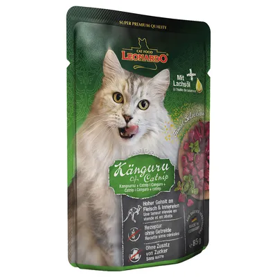 Leonardo Cat Food Kanguru + Catnip, con olio di salmone, senza cereali né zucchero aggiunto, alto contenuto di carne e frattaglie, confezione da 85 g, Made in Germany.