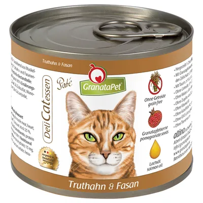 Konzerva GranataPet DeliCatessen Paté pre mačky, príchuť morka a bažant, bez obilnín, s granátovým jablkom a lososovým olejom. Text: Truthahn & Fasan, Ohne Getreide, Granatapfelkerne, Lachsöl.