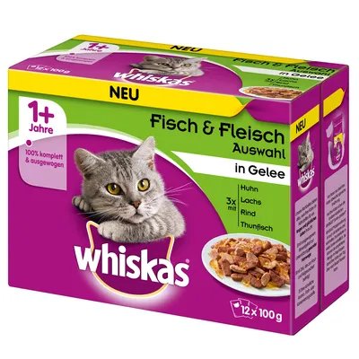 Whiskas Fisch & Fleisch Auswahl in Gelee, 12×100g. Huhn, Lachs, Rind, Thunfisch. 1+ Jahre. 100% komplett & ausgewogen. Nové balení s obrázkem kočky a porcí krmiva.