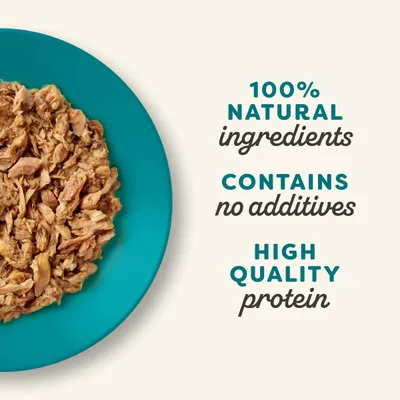 100% natural ingredients, contains no additives, high quality protein – tekst w języku angielskim widoczny obok karmy na niebieskim talerzu.