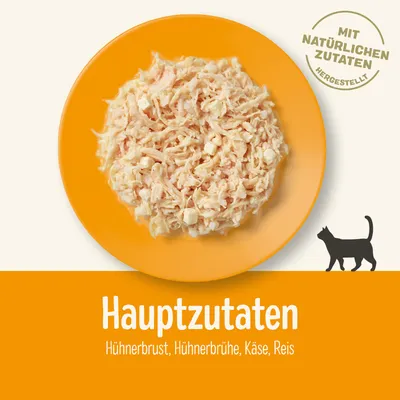 Glavno sestavine: piščančje prsi, piščančja juha, sir, riž. Besedilo v nemščini: Mit natürlichen Zutaten hergestellt. Hauptzutaten: Hühnerbrust, Hühnerbrühe, Käse, Reis.