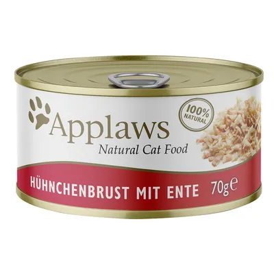 Konzerva Applaws Natural Cat Food, 100% Natural, HÜHNCHENBRUST MIT ENTE, 70 g. Text v němčině.