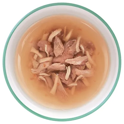 Миска с влажным кормом: кусочки мяса в бульоне, вид сверху. Без упаковки и видимых брендов.