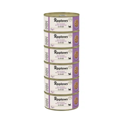 Stack of 6 Applaws Mackerel with Sardine in Broth tins, 70g each. Labels show Certified B Corporation and 100% natural ingredients. Cat silhouette icon visible on each tin.