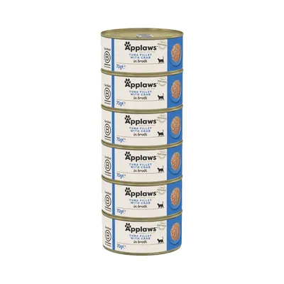 Stack of 6 Applaws Tuna Fillet with Crab in Broth tins, 70g each, Certified B, 100% natural, visible cat icon on label.