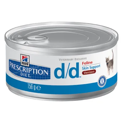 Hill's Prescription Diet d/d Feline Skin Support Hert, 156 g blik. Uitsluitend voor dierenartsen, klinische voeding voor katten met huidproblemen.