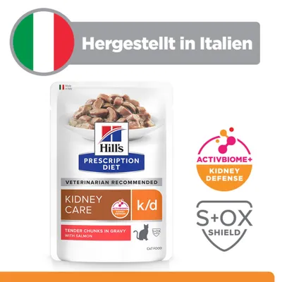 Hill's Prescription Diet Kidney Care k/d mit Lachs, hergestellt in Italien. ActivBiome+ Kidney Defense und S+OX Shield Symbole sichtbar. Hill's Prescription Diet Kidney Care k/d mit Lachs, hergestellt in Italien. ActivBiome+ Kidney Defense und S+OX Shield Symbole sichtbar.