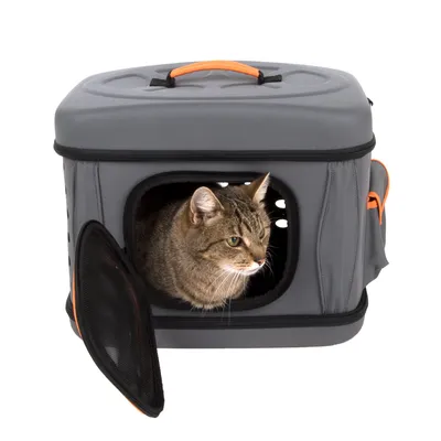 Chat dans une caisse de transport grise avec poignée orange, porte en maille ouverte sur le devant et aérations latérales visibles.