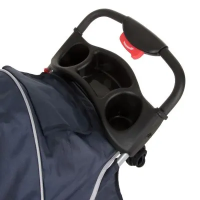 Manico di passeggino per animali con portabicchieri in plastica nera e chiusura rossa visibile, tessuto blu scuro con profili grigi.