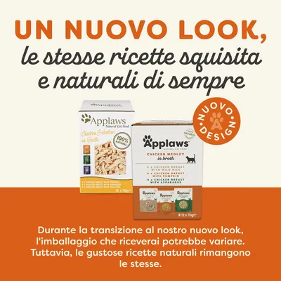 Un nuovo look, le stesse ricette squisite e naturali di sempre. Durante la transizione al nostro nuovo look, l'imballaggio che riceverai potrebbe variare. Tuttavia, le gustose ricette naturali rimangono le stesse.