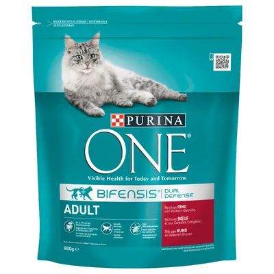 Purina ONE Bifensis Dual Defense Adult kattmat, 800 g. Text: 'Rik på RIND och fullkornsgryn', synlig bild på katt. Synliga märken: Purina ONE, Bifensis Dual Defense.