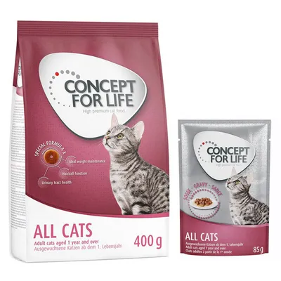 Concept for Life All Cats. Trockenfutter 400g und Nassfutter 85g für ausgewachsene Katzen ab dem 1. Lebensjahr. Special Formula: Gewichtskontrolle, Haarballenfunktion, Harnwegsgesundheit.