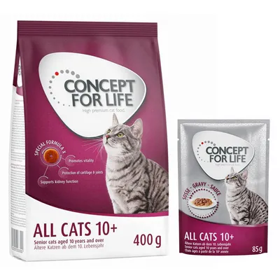 Concept for Life All Cats 10+, Katzenfutter für ältere Katzen ab dem 10. Lebensjahr, 400g Trockenfutter und 85g Nassfutter mit Soße.