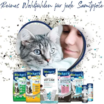 Biokat's Katzenstreu-Produkte: Classic 3in1, Vet Line, Diamond Care und Multicat. Slogan: Reines Wohlfühlen für jede Samtpfote.