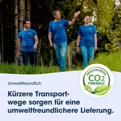 Umweltfreundlich: Kürzere Transportwege sorgen für eine umweltfreundlichere Lieferung. CO2 friendly, Production Process.