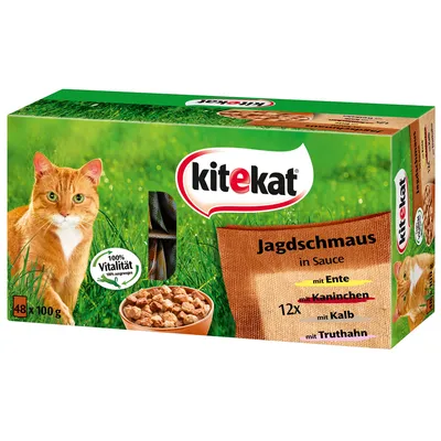 Kitekat Jagdschmaus in Sauce, 48 x 100 g. 12x met eend, konijn, kalf, kalkoen. 100% Vitalität zichtbaar op verpakking.