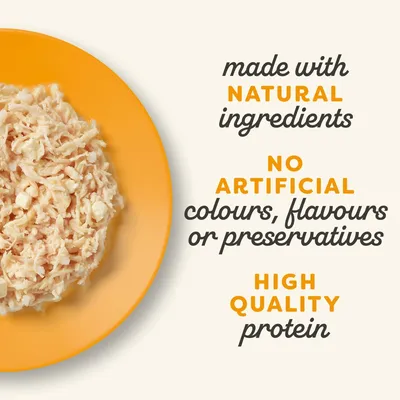 Product made with natural ingredients, no artificial colours, flavours or preservatives, and high quality protein, shown next to a plate of shredded food.