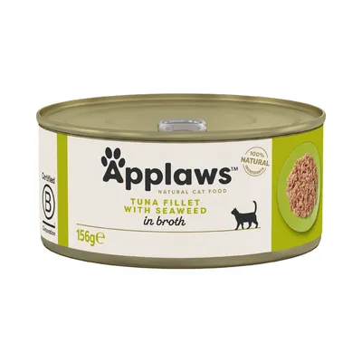 Applaws Natural Cat Food, tonnikalafilee merilevällä liemessä, 156 g tölkki, 100 % luonnolliset ainesosat, Certified B Corporation.