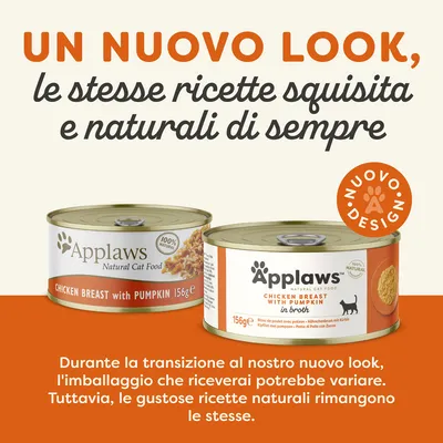Un nuovo look, le stesse ricette squisita e naturali di sempre. Nuovo design. Applaws Natural Cat Food Chicken Breast with Pumpkin 156g. Durante la transizione l’imballaggio può variare.
