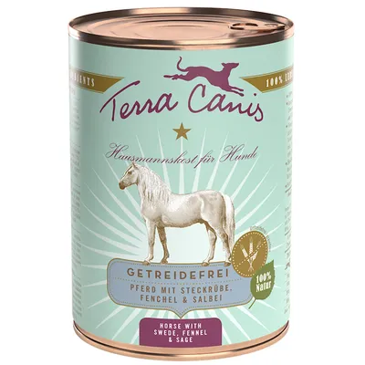 Terra Canis dåse med teksten 'Hausmannskost für Hunde', 'GETREIDEFREI', 'Pferd mit Steckrübe, Fenchel & Salbei', '100 % Natur', 'Horse with swede, fennel & sage'. Billede af hest. Terra Canis dåse med teksten 'Hausmannskost für Hunde', 'GETREIDEFREI', 'Pferd mit Steckrübe, Fenchel & Salbei', '100 % Natur', 'Horse with swede, fennel & sage'. Billede af hest.