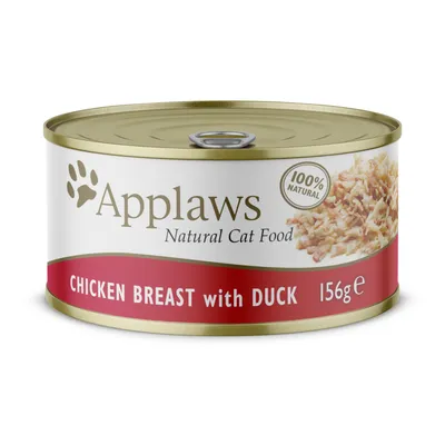 Applaws Natural Cat Food dåse, 100% natural, CHICKEN BREAST with DUCK, 156g e. Billede af kylling og andekød på etiketten.