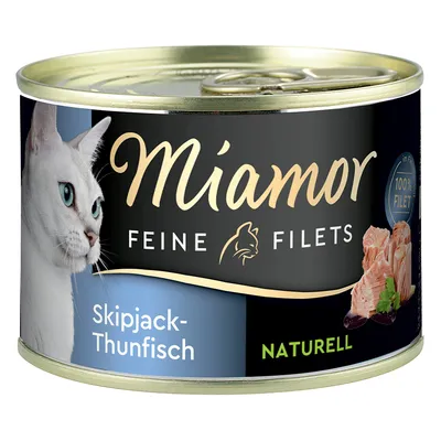 Miamor Feine Filets Skipjack-Thunfisch, Naturell, 100% Filet. Dose mit Katzenmotiv und Thunfischabbildung.