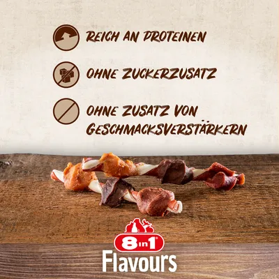 8in1 Flavours Hundesnack, reich an Proteinen, ohne Zuckerzusatz, ohne Zusatz von Geschmacksverstärkern.