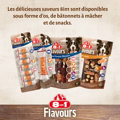 Sachets de friandises pour chiens 8in1 Flavours : Triple Flavour Bones, Triple Flavour Skewers, Crunchy Rolls. Texte visible : saveurs disponibles sous forme d’os, bâtonnets à mâcher et snacks.