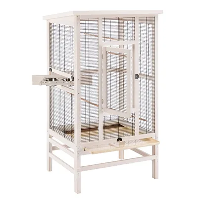 Vogelkooi van hout met metalen tralies, geïntegreerd voederstation en zitstokken. Grote deur voor gemakkelijke toegang.