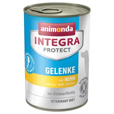 animonda INTEGRA PROTECT GELENKE mit HUHN, bei Osteoarthritis, VETERINARY DIET, Getreidefrei, EPA/OMEGA 3. Text på tyska, nederländska och engelska synlig.