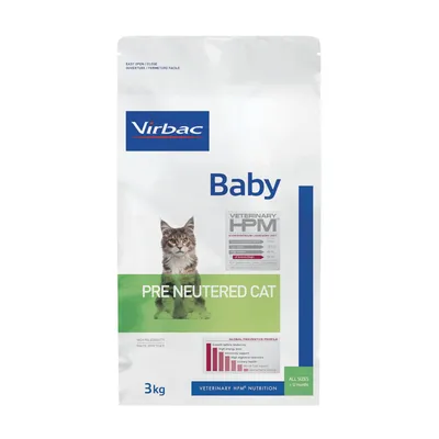 Virbac Baby Veterinary HPM Pre Neutered Cat torrfoder, 3 kg. Bild på katt och stapeldiagram. Text: ALL SIZES <12 months, HIGH PALATABILITY, VETERINARY HPM NUTRITION.