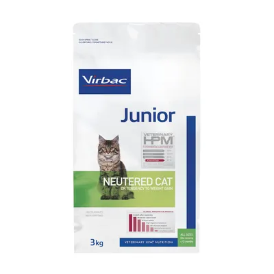 Virbac Junior Neutered Cat, 3kg, pro kastrované kočky nebo s tendencí k přibírání. Veterinary HPM Carnivore Diet. Viditelný diagram globální analýzy prevence.