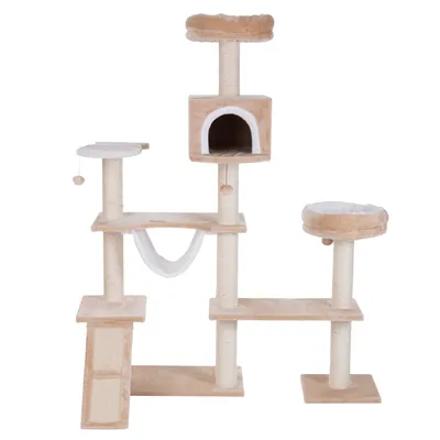 Krabpaal van beige en wit pluche met meerdere plateaus, twee ronde ligplekken, een huisje, hangmat, sisalpalen en speelbal.