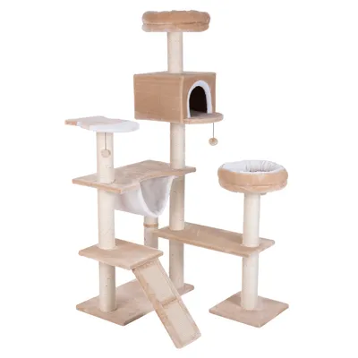 Krabpaal met meerdere niveaus, sisalpalen, ligplateaus, een huisje, hangmat, mand en speelbal. Bekleding van beige stof, sisal duidelijk zichtbaar op de palen.