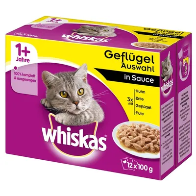 Whiskas Geflügel Auswahl in Sauce, 12×100 g kapsiček pro kočky, 1+ Jahre, druhy: Huhn, Ente, Geflügel, Pute. Text v němčině na obalu.