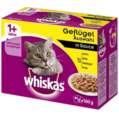 Caja de comida húmeda para gatos Whiskas Geflügel Auswahl in Sauce, 12 sobres de 100 g. Visible: 1+ Jahre, 100% komplett & ausgewogen, Huhn, Ente, Geflügel, Pute. Texto en alemán.