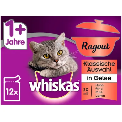 whiskas Ragout, 1+ Jahre, Klassische Auswahl in Gelee, 12×, 3× mit Huhn, Rind, Pute, Lamm. Obal s obrázkem kočky na fialovém pozadí.