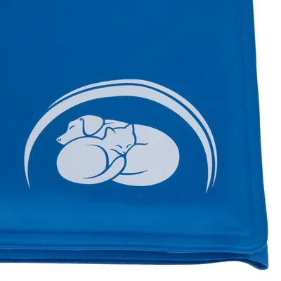 Prodotto blu con simbolo bianco di un cane che dorme e di un gatto, circondati da un cerchio ondulato.
