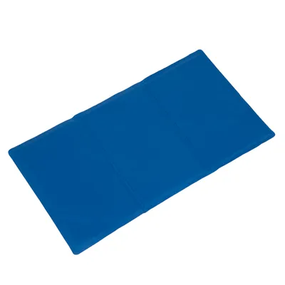 Rectangular blue cooling mat with three foldable sections, shown flat and unfolded for use as a surface covering.