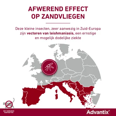 Afwerend effect op zandvliegen. Deze kleine insecten, zeer aanwezig in Zuid-Europa, zijn vectoren van leishmaniasis, een ernstige en mogelijk dodelijke ziekte. Niet gebruiken voor katten. Advantix.