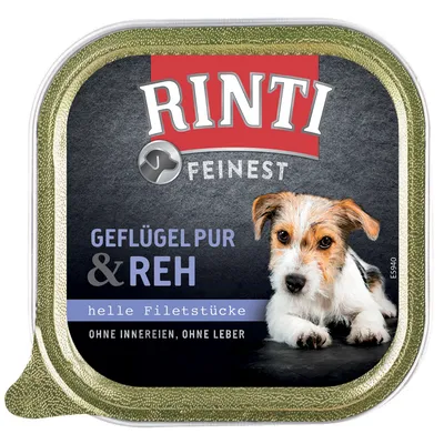 Rinti Finest Geflügel pur & Reh, helle Filetstücke, ohne Innereien, ohne Leber – koiran märkäruokapakkaus, etiketissä koira ja tuotetiedot saksaksi