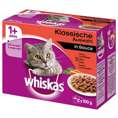 Whiskas Klassische Auswahl in Sauce, 12×100 g, pro kočky od 1 roku. Viditelné texty: Huhn und Erbsen, Rind, Pute, Lamm und Karotten. 100% komplett & ausgewogen.